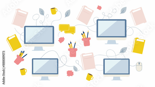 Modern workspace with computers and office supplies connected