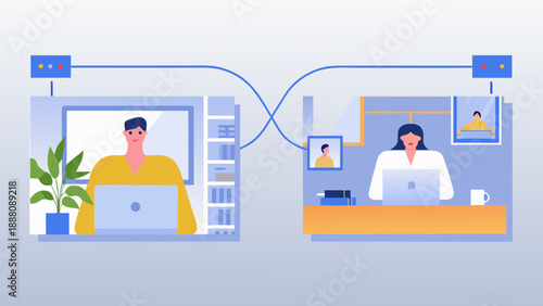 Remote team members collaborating online with laptops