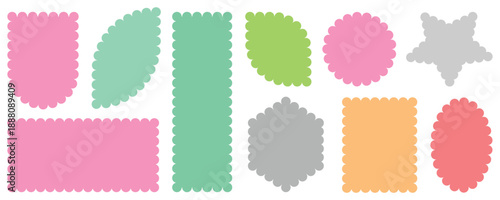 Different frames, Color rectangle frames with wiggly borders. Geometric shapes with scallop and zigzag edges set. Silhouette stickers circle, Wiggle Design Sign Background. Scalloped edge seamless set