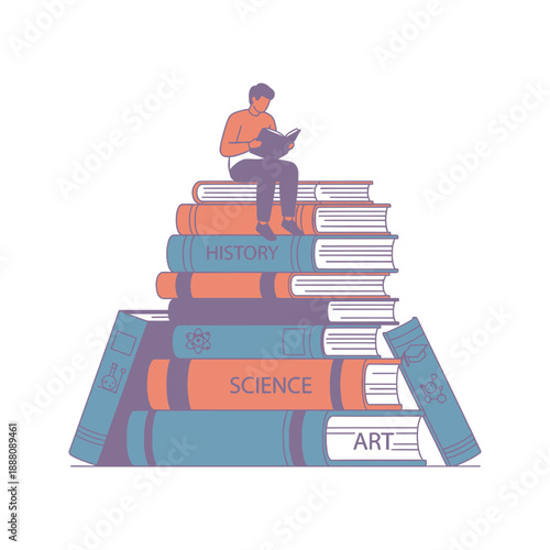 Student reading books on stacked subjects history science art education knowledge vector illustration flat design
