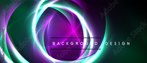Abstract glowing circles, vibrant colors blend. Dark background emphasizes bright energy, modern design element.