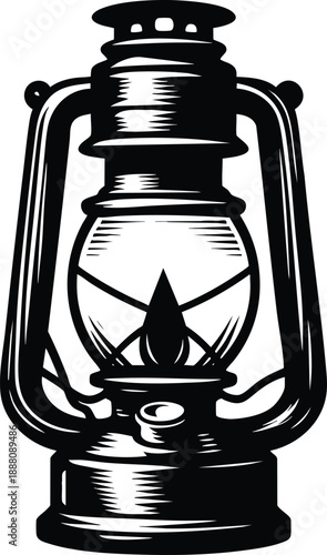 Vintage kerosene lantern illustration classic oil lamp with flame retro camping equipment for adventure and exploration isolated on white