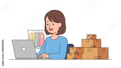 Young Woman Working on Laptop in Home Office, Surrounded by Packages and Clothes Rack, Online Small Business Entrepreneurship and E-commerce Startup Concept