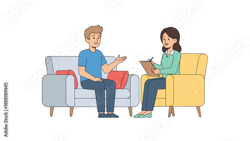 Man Sitting on Sofa Talking to Woman Holding Clipboard, Therapy Session or Counseling Interview, Mental Health Support and Consultation Concept