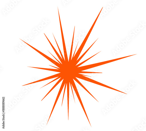 A vibrant orange starburst shape with numerous pointed rays emanating from a central point