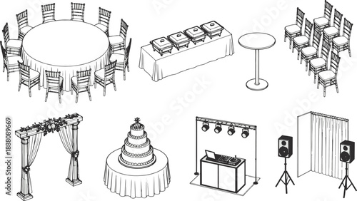 A collection of event elements, from tables and seating to buffet warmers and stage components, creating a comprehensive scene.