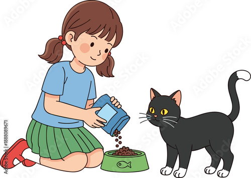 Cute little girl feeding pet cat illustration showing child care, kindness, daily routine, animal love, colorful cartoon vector design