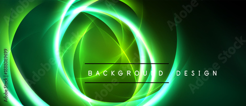 Abstract green neon lights form circular shapes. Dark background enhances glowing effect. Text reads background design.