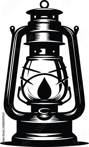 Vintage kerosene lantern with glowing flame classic oil lamp illustration for camping and rustic decor isolated on white