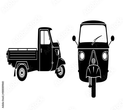 Black silhouette of a three wheeled vehicle with a cargo bed and front view