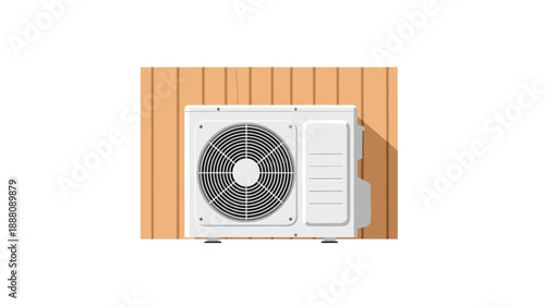 Outdoor Air Conditioning Unit Mounted on Wooden Wall, HVAC System Component for Climate Control, Cooling and Heating Equipment Illustration