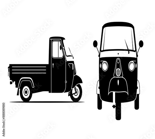 Black and white illustration of a three wheeled auto rickshaw vehicle side and front views