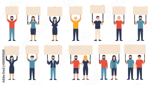 Diverse team celebrating success with blank signs in office environment flat design