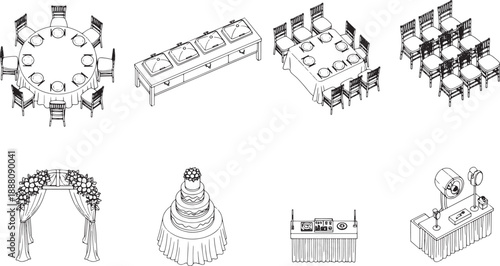 Elegant event elements, featuring a round table setting, catering buffet, rectangular table, chairs, arch, tiered cake, music station and event setup in monochrome.