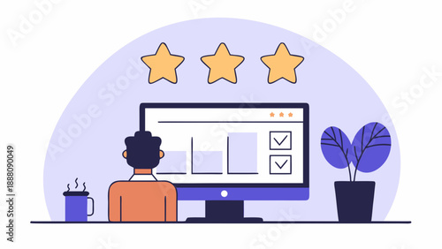 Person evaluating data on computer with high rating stars