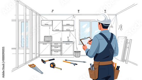 Construction Worker with Hard Hat and Clipboard Inspecting Kitchen Renovation Blueprint, Tools Scattered on Floor, Home Improvement and Planning Concept