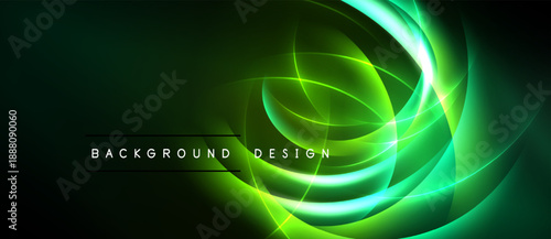 Abstract green neon lines create dynamic swirling pattern. Dark background emphasizes bright glowing curves, modern design element.