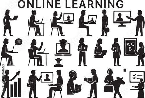Black and White Vector Silhouettes of People Learning Online