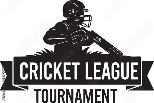 Cricket League Tournament Logo Design with Batsman Silhouette and Wicket Vector Illustration