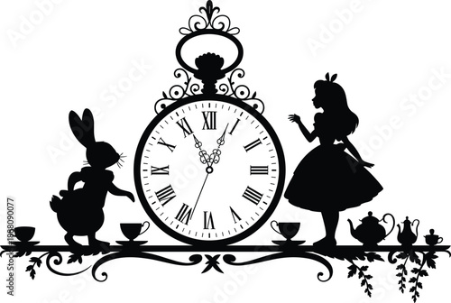 Vintage Alice in Wonderland silhouette illustration with pocket watch white rabbit tea party fantasy story vector art black clock decor