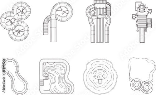 Geometric blueprints of recreational aquatic park designs, showcasing the playful lines of winding water slides and interactive water features.