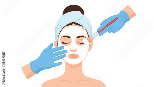Close-up illustration of a woman receiving a facial treatment, with a beautician applying a white mask to her face using a brush, highlighting skincare and pampering.
