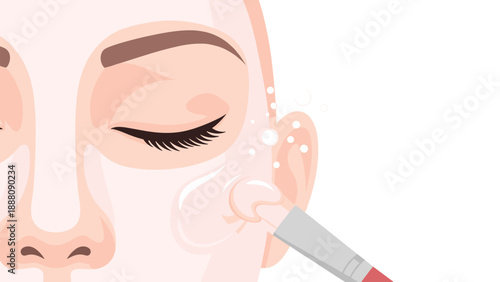 Detailed close-up of a woman's eye area during a skincare treatment, with a brush applying a product, emphasizing delicate skin and professional application techniques.