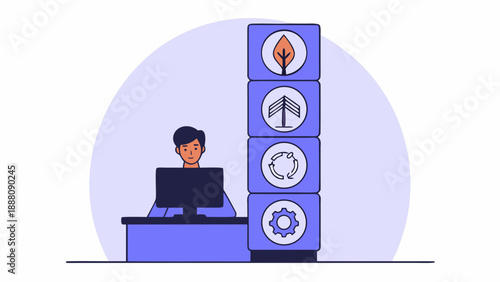 Man working on computer with eco friendly icons