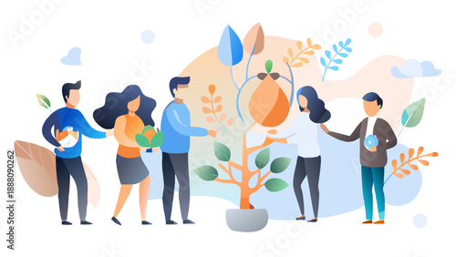 Diverse group nurturing a growing plant together