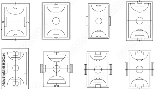 A collection of simple geometric illustrations of a variety of indoor and outdoor sports fields, suitable for architectural design or sports-related graphics.