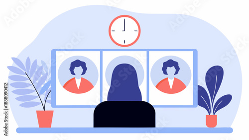 Remote worker on video call with colleagues in modern office