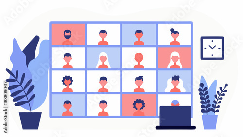 Remote team meeting on video call with diverse colleagues