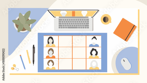 Remote team collaborating online with video conference on laptop