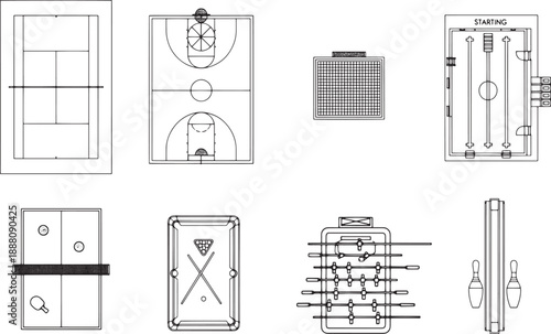 A detailed collection of top-down illustrations of popular sport courts and playing surfaces, meticulously drawn to provide a comprehensive look at various recreational game arenas.