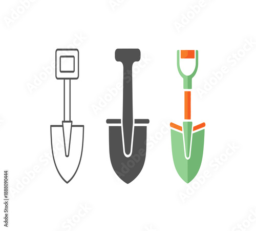 Three variations of garden tools a shovel depicted in outline solid and colored styles