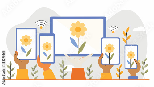 Devices displaying connected flower growth on screens