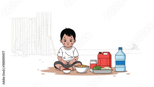 Dejected child sitting cross-legged with bowls of food and water, surrounded by containers, illustrating hunger, scarcity, and the critical need for nourishment and aid.