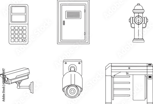 A collection of essential elements that represent urban infrastructure and security.