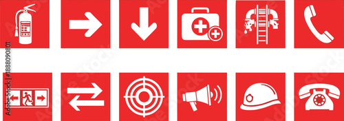 Emergency and safety icons set in red squares, fire extinguisher, exit arrows, first aid, alarm, helmet, phone, industrial warning symbols vector