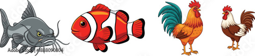 Farm animals and aquatic fish illustration set, catfish and clownfish, rooster and chicken characters, colorful wildlife and livestock vector collection