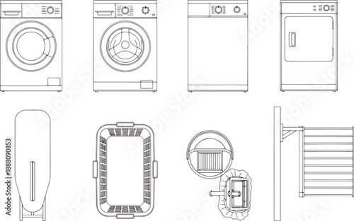 A collection of essential household laundry items, including a washing machine, dryer, ironing board, and clothes rack, artfully arranged against a blank backdrop.