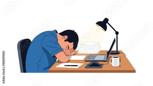 Tired man in a blue shirt sleeping with his head on his arms at a desk with a laptop, mouse, and desk lamp, illustrating fatigue, late-night work, or study.