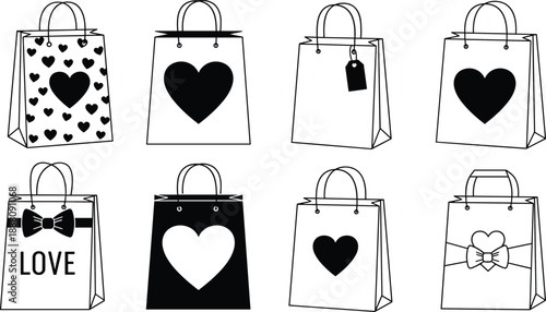 Romantic gift bags and shopping bag silhouettes set, heart pattern paper bags, love-themed packaging, bow and tag decorations, Valentine's Day present vectors