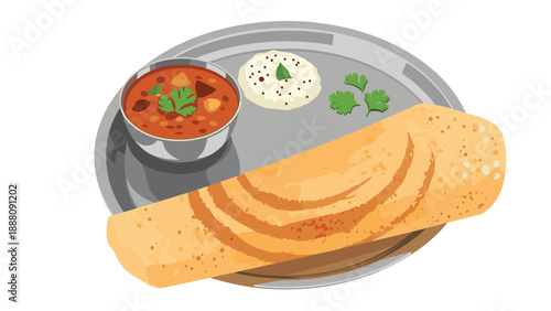 South Indian thali featuring a folded dosa, sambar, and chutney served on a metallic plate, a complete and satisfying meal.