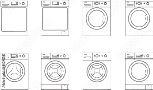 A variety of line-drawn washing machine and dryer, designed to enhance your concepts. These versatile graphics capture the essence of laundry care and household appliances.