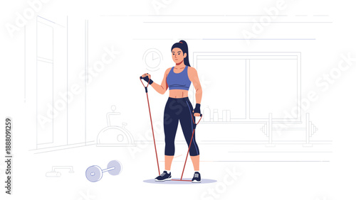 Woman exercising with resistance bands in a gym setting, wearing athletic wear, with dumbbells nearby, promoting fitness and strength training.