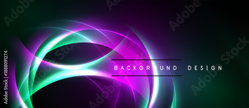 Abstract neon swirls, vibrant purple, green hues. Dark background creates dramatic visual effect. Modern design element.