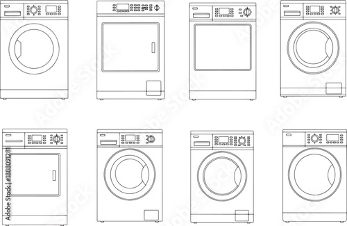 A clean and organized array of modern washing machines and dryers, providing a showcase of essential home appliances.