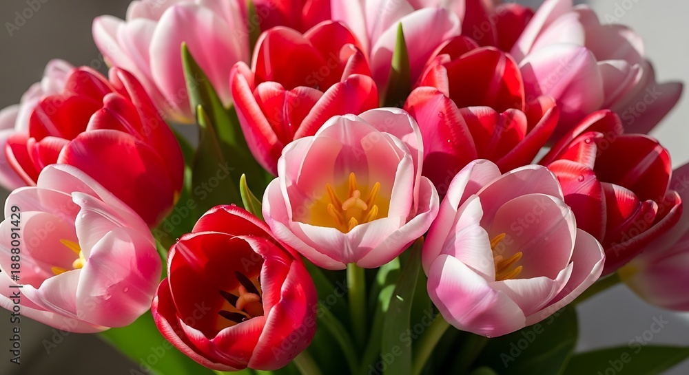 Fototapeta premium Vibrant pink and red tulips in full bloom with lush green leaves