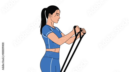 Fit woman in blue sportswear performing an exercise with resistance bands, focusing on upper body strength, highlighting dedication to fitness.